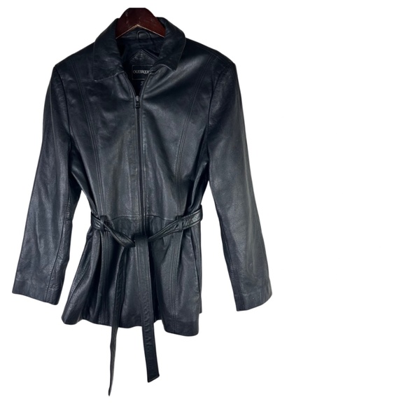 Vtg Outbrook Leather Jacket Coat Sz Medium 100% LEATHER Black Belted Zip Up - Picture 2 of 5